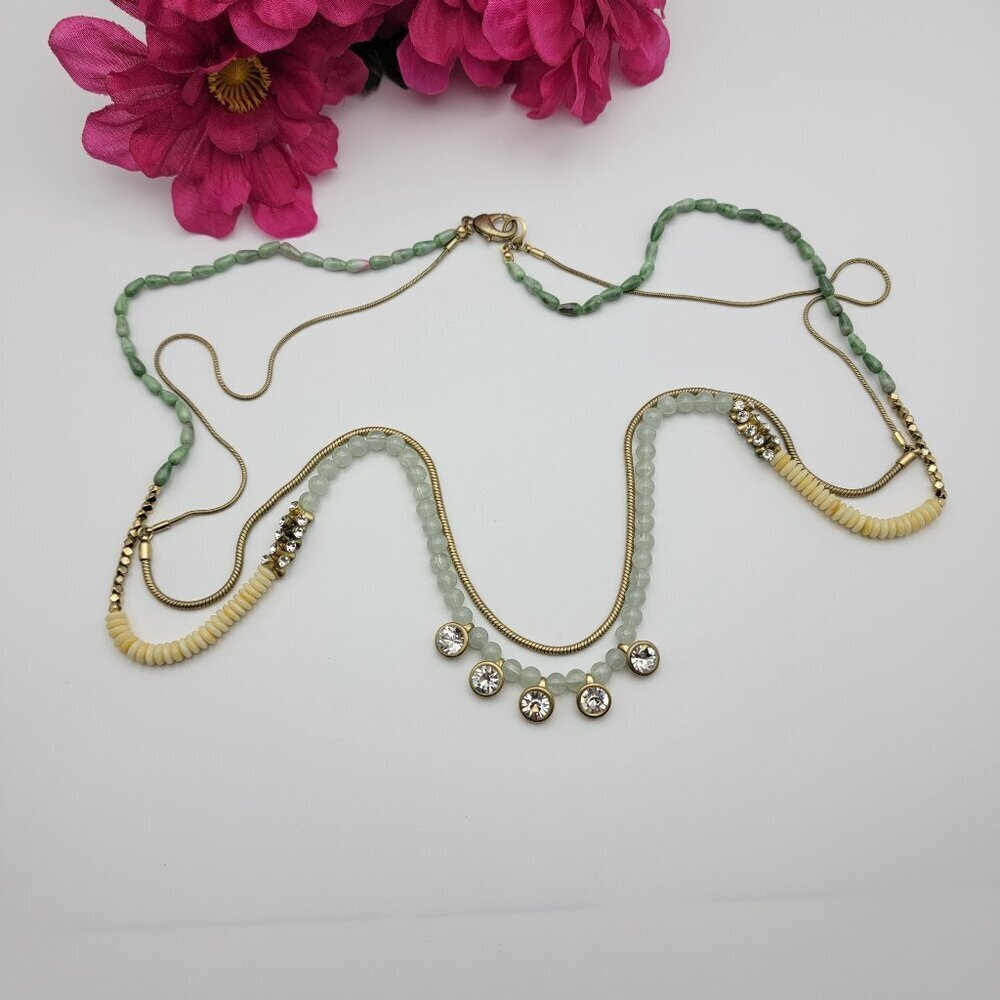 Gold Tone Green Bead Clear Crystal Fringe Double Strand Long Chain Necklace 35"